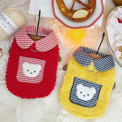 Ins Style Pet Bear Embroidered Sweatshirt, Contrast Plaid Collar, Thick Warm Korean Pet Clothes Suitable For Cats And Dogs