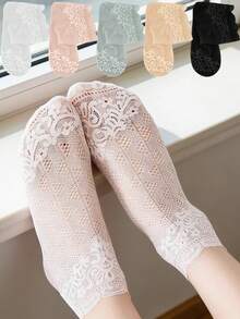 chuanwa（2） 5/10 Pairs Women's Lace Net Stockings, High Quality Vintage Floral Solid Color Sheer Breathable Soft Transparent Mesh Pantyhose - Multicolor - View 1