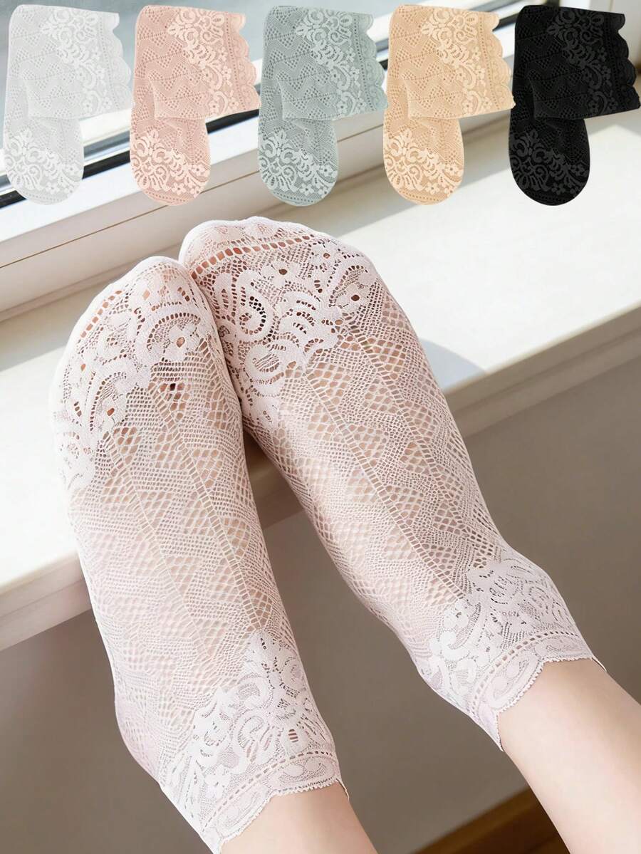 chuanwa（2） 5/10 Pairs Women's Lace Net Stockings, High Quality Vintage Floral Solid Color Sheer Breathable Soft Transparent Mesh Pantyhose - Multicolor - View 1