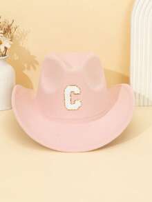 1pc Unisex Children's Letter Decor Pink Felt Brimmed Hat, 26 Letters Available, American Western Cowboy Style, Outdoor Casual Sun Hat For All Seasons, Suitable For Daily Wear, Parties, Outdoor Activities, Children's Gift - Pink - View 6