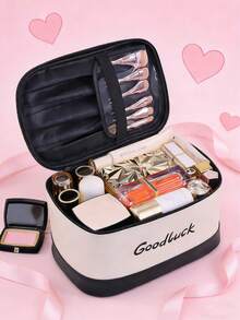 1 szt. Czarno-biała, kontrastowa kosmetyczka, duża torba z przegródkami na pędzle do makijażu, kosmetyki, pielęgnacja skóry, kosmetyczka podróżna, elegancki minimalistyczny styl, idealny prezent na Walentynki, Dzień Matki, saszetka, kosmetyczka, niezbędny element podróży - Wielokolorowe - Zobacz 6