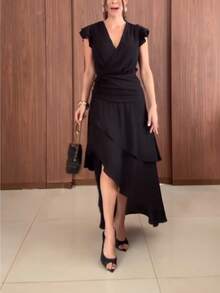Vestido largo elegante de mujer con cuello en V, volantes y mangas asimétricas sin mangas, adecuado para fiestas y citas, vestido mini - Negro - Ver 10