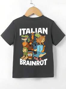 Áo thun ngắn tay in hình hoạt hình cho bé trai tuổi teen, thích hợp cho mùa hè. - Màu xám đen - Xem 1