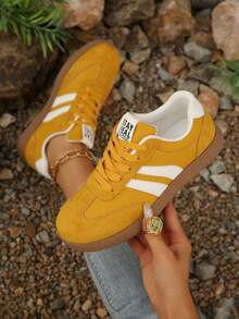 女士休闲百搭豹纹印花运动鞋，时尚醒目舒适橡胶软底运动鞋，透气轻便拼接女士运动鞋 - 黃色 - 查看 1