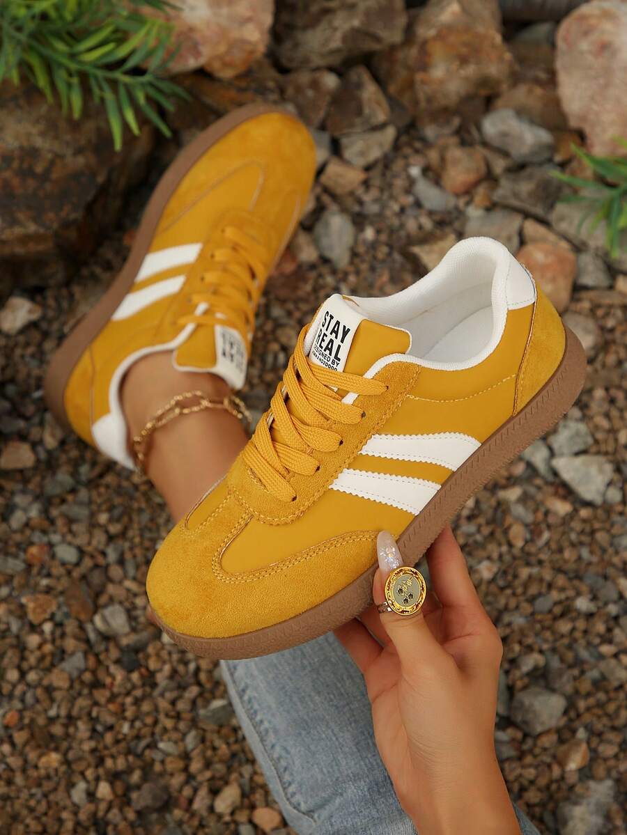 女士休闲百搭豹纹印花运动鞋，时尚醒目舒适橡胶软底运动鞋，透气轻便拼接女士运动鞋 - 黃色 - 查看 1