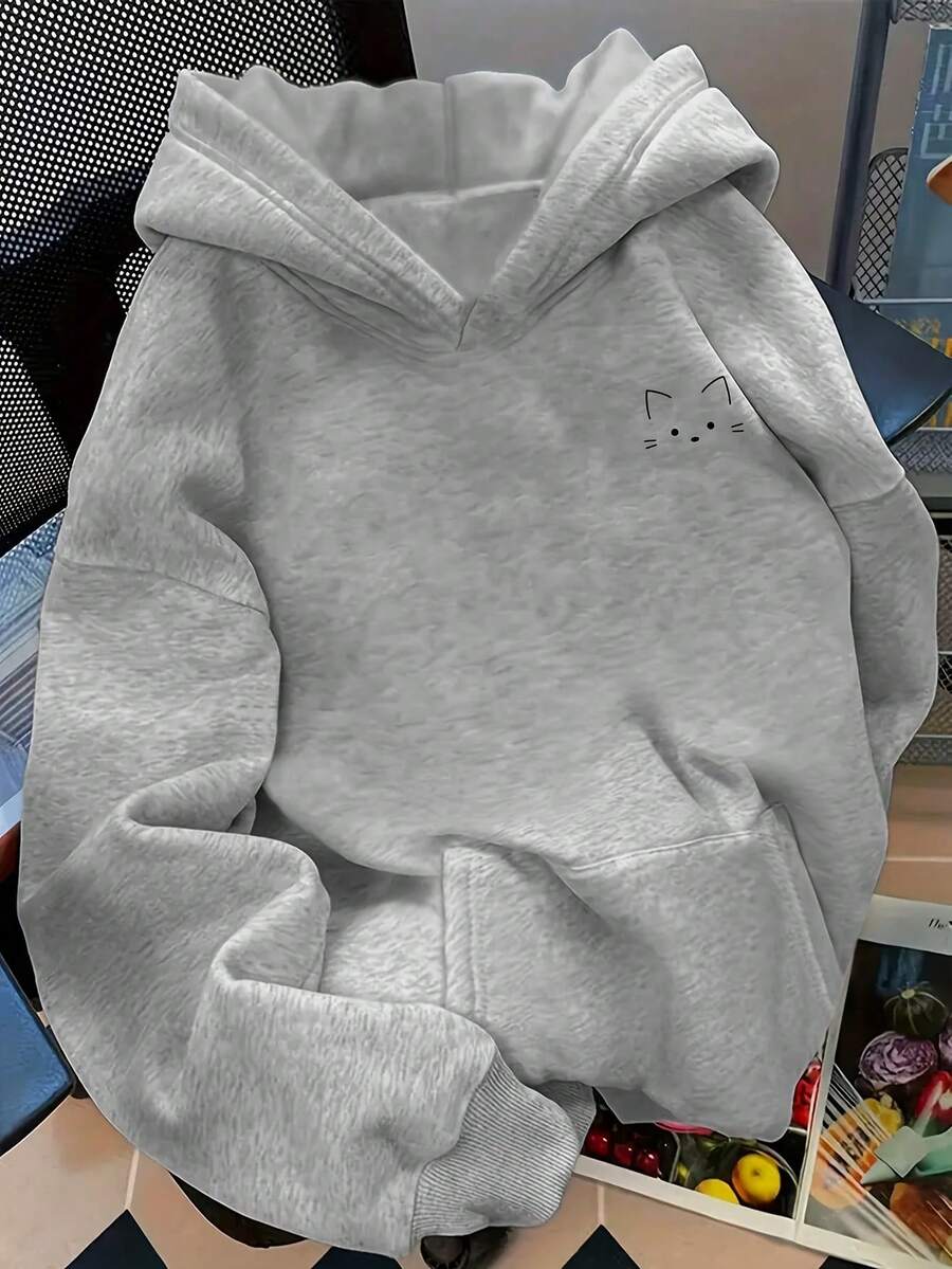 Women's Hoodie, Creative Minimalist Cute Cat Print On The Chest, Stylish And Comfortable Autumn/Winter Fashion, Versatile Casual Hoodie, Women's Clothing - 灰色 - 查看 1