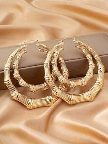 1 Pair Women Exaggerated Big Node Hoop Earrings - 黃金一號 - 查看 7