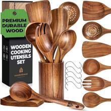 Wooden Utensil Set 8 Pcs – Sturdy & Easy To Clean, Natural Teak Wooden Spoons For CooFKing – Non-Scratch CooFKing Utensils With Spatula, Turner, Ladle, Spoons, Holder, Spoon Rest, 6 Hooks Kitchen Gifts - 8件套 - 查看 1