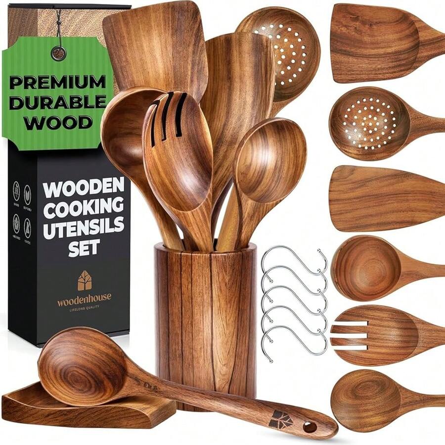 Wooden Utensil Set 8 Pcs – Sturdy & Easy To Clean, Natural Teak Wooden Spoons For CooFKing – Non-Scratch CooFKing Utensils With Spatula, Turner, Ladle, Spoons, Holder, Spoon Rest, 6 Hooks Kitchen Gifts - 8件套 - 查看 1