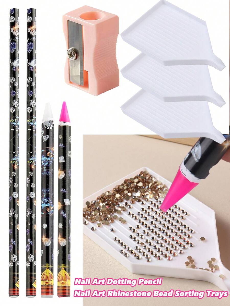 Rhinestone Picker Set, Sticky Resin Picker, Pencil Nail Dotting Pen, Wax Pencil, Synthetic Gemstone Pickup Tool, Self-Adhesive Wax Pencil Art Tool For Nail Art DIY With Sharpener - Multicolor - View 1