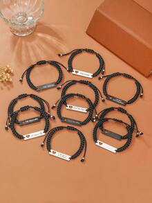 1件不锈钢雕刻几何镂空心形编织手链 - 黑色 - 查看 1