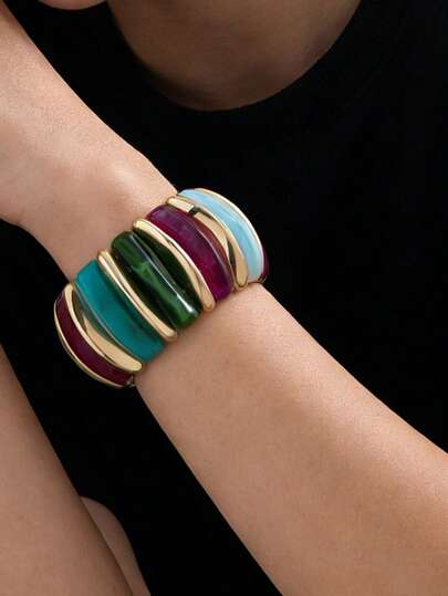 Men's Niche Wide Version Exaggerated Temperament Fashionable Color Blocking Elastic Bracelet (No Gift Box)-Bracelet Styles Shipped Randomly