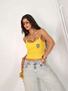 Cropped Tank Top With Brazil Embroidery, Ribbed Fabric, World Cup Fashion, Summer 2026 - Màu vàng - Xem 2