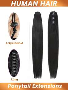 夹式马尾假发，直发，真人发，夹式马尾，波浪卷发假发，Remy真人发，自然色，女士马尾假发 - Natural Black - 查看 2