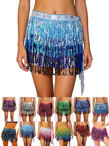 亮片裹身裙肚皮舞臀巾流苏裙闪亮流苏裙狂欢派对女装 - 彩色 - 查看 8