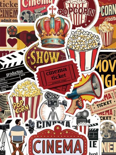 50张复古电影贴纸，可用于手册、笔记本电脑、手机壳、行李箱、吉他等装饰。