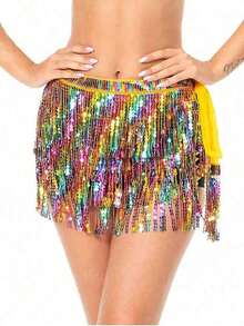 亮片裹身裙肚皮舞臀巾流苏裙闪亮流苏裙狂欢派对女装 - 彩色 - 查看 47