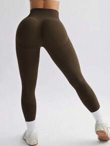 1pc High Waist Compression Tights, Solid Color, 4-Way Stretch, Suitable For Outdoor Sports And Running Spring - Brown - View 3