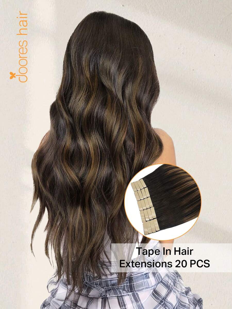 DOORES 50g 20 Stücke Film-basierte Haarextensions 100% Remy Echthaar Dunkelbraun bis Kastanienbraun Hitzebeständig Bügelbar Färbbar Nahtlose Klebe-Haar Volumenverstärkung