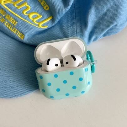 Minimalist Blue-Green Polka Dot Earphone Case With Hanging Ring, Cute Protective Cover Compatible With Airpods Pro 2, Compatible With Apple 4, Minimalist Design Compatible With Airpods 3, 1/2 Generation, For Women