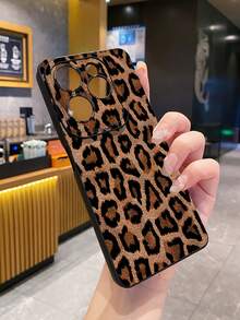 1pc Brown Leopard Print Shockproof Phone Case, UV Printed For Samsung/Galaxy/Infinix/Redmi/OPPO/VIVO/Realme Android Models - Black - View 2