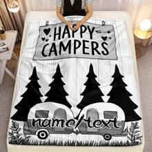 1pc Personalized Camping Blanket - Custom Name/Text, Soft Lightweight Flannel Throw With Happy Campers, Pine Trees & Vintage Trailers - For Home, Camping, Gifts - Birthday, Anniversary, Housewarming Present - All-Season Cozy Decor, Outdoor Essentials, Playful Design, Durable Material, Home Decorators - White - View 1