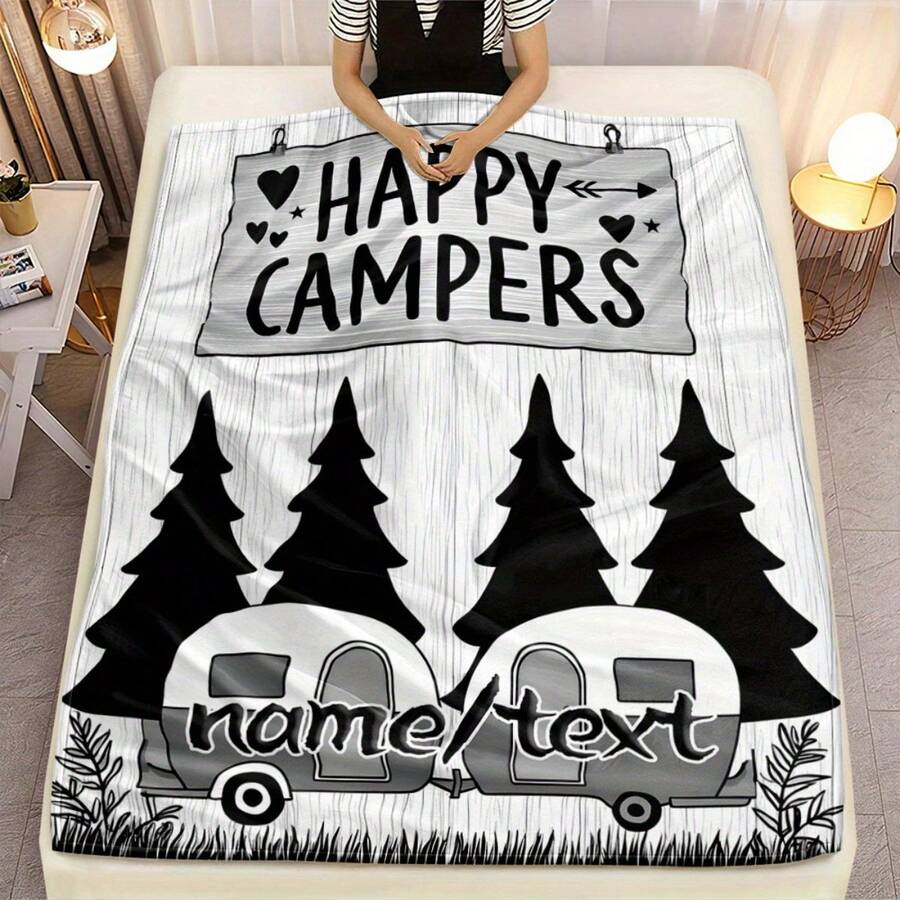 1pc Personalized Camping Blanket - Custom Name/Text, Soft Lightweight Flannel Throw With Happy Campers, Pine Trees & Vintage Trailers - For Home, Camping, Gifts - Birthday, Anniversary, Housewarming Present - All-Season Cozy Decor, Outdoor Essentials, Playful Design, Durable Material, Home Decorators - White - View 1