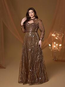 新款无肩带立领刺绣亮片长袖喇叭裙摆晚礼服，高端奢华，适合舞会、婚礼、派对、婚礼宾客等场合。 - 咖啡棕 - 查看 5