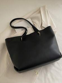 Women's Fashion Versatile Color Block Tote Bag, Lightweight Minimalist, Soft Fabric Large Capacity Shoulder Bag - Black - View 5