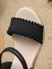 1 đôi sandal cao gót mùa hè cho bé gái, kiểu dáng thời trang, chất liệu dệt kim, màu trơn, thoải mái, đa năng, phù hợp cho kỳ nghỉ hè và sử dụng hàng ngày của bé gái, sandal đế xuồng. - màu đen - Xem 8