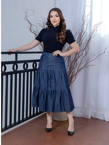 Midi Denim Skirt - Christian Fashion - 深色水洗藍 - 查看 1