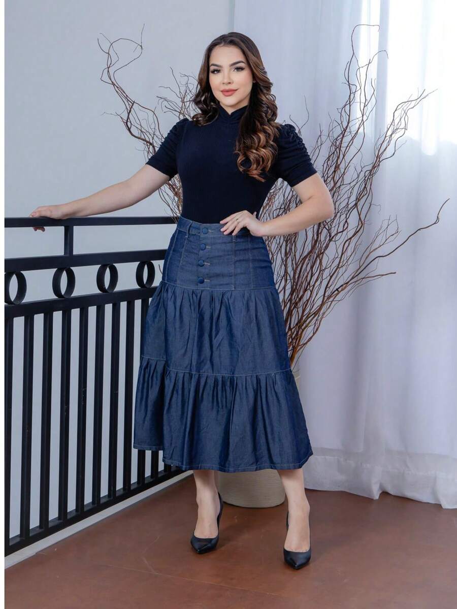 Midi Denim Skirt - Christian Fashion - 深色水洗藍 - 查看 1