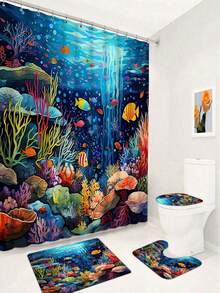 Ocean World Cartoon Series Bathroom Set - Bathroom Curtain, Polyester, Washable, 1pc/4pcs | Shower Curtain, Bath Mat, Toilet Seat Cover - A - View 16