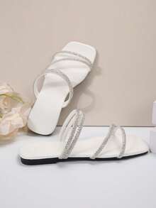 Women's Fashion Rhinestone Flat Slip-On Slippers, Versatile For Beach, Date, Street, Party, Banquet, Commute And Business Occasions - White - View 6