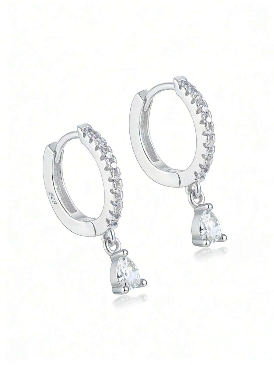 Bông tai mặt dây chuyền hình tròn đôi bằng bạc 925, hình giọt nước, đính đá Zirconia, không gây dị ứng, hộp quà tặng ngày lễ. - Bạc - Xem 1