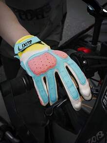 1 双薄荷绿/珊瑚红/李子紫手套，柔软透气面料全指手套，带减震垫和触屏指尖，防滑减震骑行手套，适用于摩托车、自行车和户外越野骑行（四季皆宜） - 彩色 - 查看 6