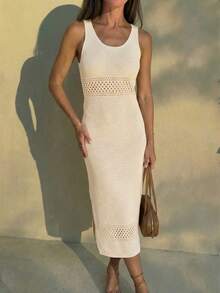 Ladies Hollow-Out Solid Color Casual Holiday Elegant Romantic Dress - Beige - View 2