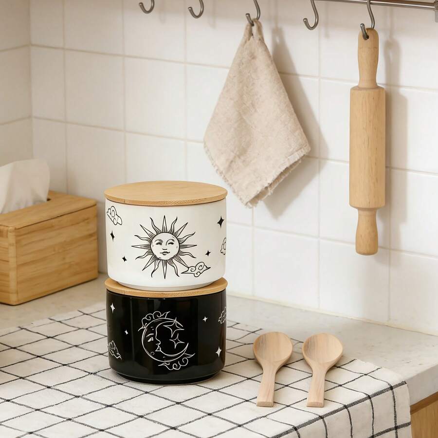 1/2pcs Kitchen Canisters Ceramic Food Storage Jar With Sun & Moon Design, Stackable Containers/Bowls With Airtight Bamboo Lid & Spoon For Serving For Storage Sea Salt, Spice, Sugar - Multicolor - View 1