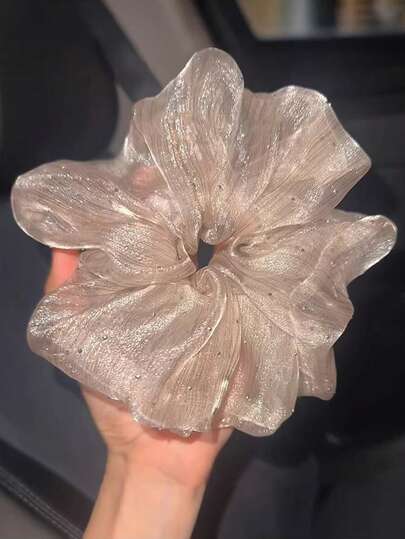 1pc Starry Scrunchie - Rhinestone Bubble Chiffon High-End Striped Retro French Style Hair Tie, Korean Ins Hair Tie, Suitable For Ponytail & Bun