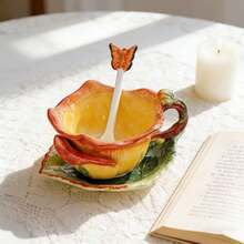 1SET Ceramic 3D Hand-Painted Pink Rose Flower And Leaf Tea Cup And Saucer Set,1pc Coffee Mug(Capacity: 150ml),1pc Saucer,1pc Butterfly Spoon,Valentine's Day, Mother's Day Gifts - Pink - View 2