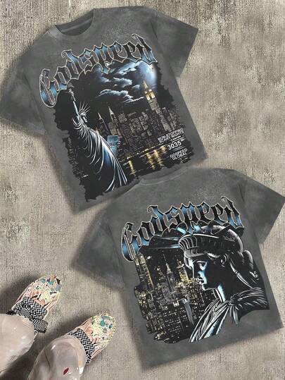 Godspeed Statue Of Liberty & City Night View Double-Sided Print Men's 230g Combed Washed Cotton T-Shirt, Street  Short-Sleeve Top, American Dark Hardcore Style Apparel, Spring Summer Crew Neck Top, Suitable For Summer Daily Casual Wear