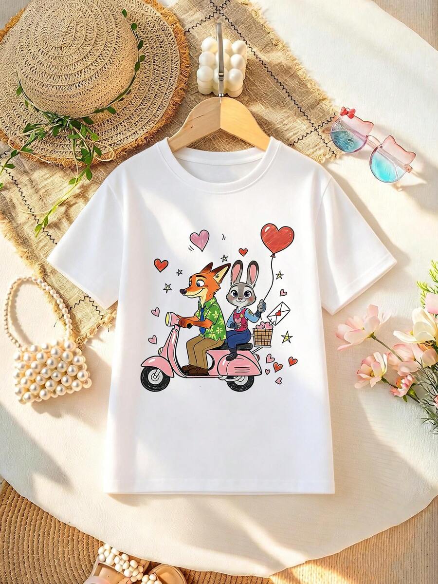 Disney Women's T-Shirt Featuring Zootopia's Nick Wilde And Officer Bunny Cartoon Print. Soft, Comfortable, And Durable Fabric. Spring/Summer Women's Crew Neck T-Shirt Perfect For Everyday Wear, Shopping, Parties, Travel, Gatherings, And Makes An Excellent Gift. - 白色 - 查看 1