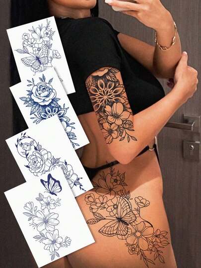 4张花卉图案临时纹身贴纸，防水逼真花朵造型，适用于手臂、手腕、背部、腰部、脚踝、肩膀等部位，男女通用，可维持7-14天，DIY礼物