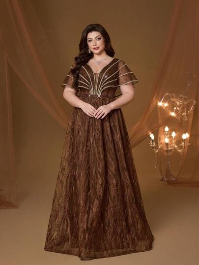 Mgiacy Plus Size Coffee Feather Embroidery V-Neck Poncho Sleeve A-Line Dress, Elegant Ladies Summer Gown Suitable For Weddings, Galas, Parties And Holidays