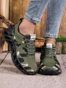 Zapatos deportivos casuales cómodos con suela gruesa, versátiles y unisex. Zapatillas de entrenamiento de camuflaje para exteriores y correr. - Verde militar - Ver 3