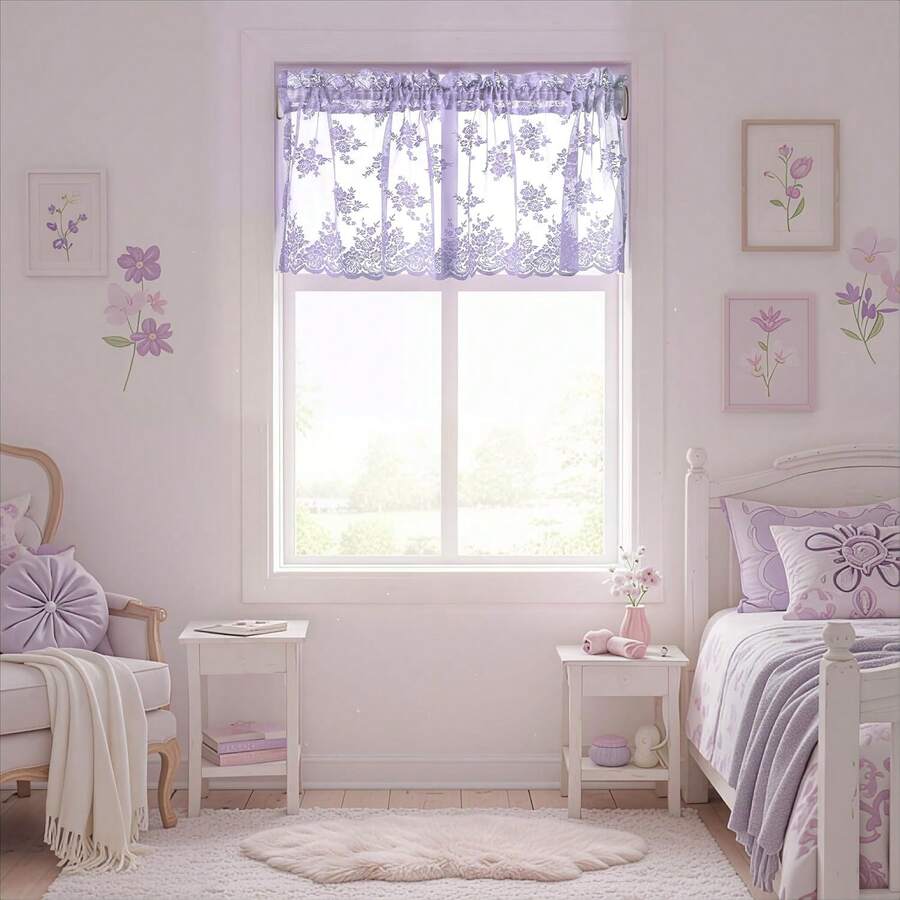 Lavender Floral Lace Sheer Valance, 52x18 Inch, Country Rustic Kitchen Window Curtain - Màu hoa oải hương hoặc tím nhạt - Xem 1