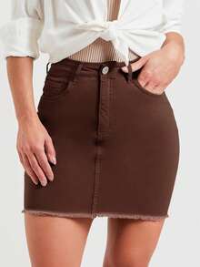 Women's Mid Rise Coffee Brown Denim Mini Skirt Slim Fit Frayed Hem Minimalist Summer Style Casual - Coffee Brown - View 7
