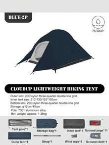 Naturehike Cloud Up 2-Person Tent, Ultralight, 20D, Waterproof, For Camping, Hiking, Traveling, Backpacking, Cycling And Fishing - 藏蓝色 - 查看 9