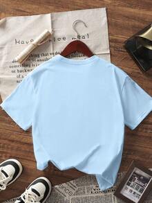 少女卡通兔子印花圆领T恤，春夏休闲柔软上衣 - 淺藍色 - 查看 2