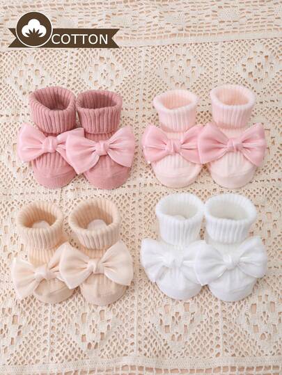 4 Pairs Baby Girls' Cotton Butterfly Decor Non-Slip Mid-Calf Socks, Suitable For Toddlers Indoor Crawling On Floor, All Season